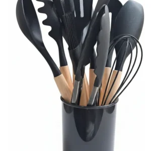 Set x12 utensilios De Cocina Mango Madera Punta Silicona