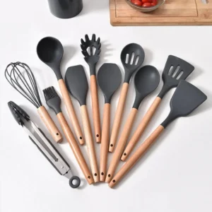 Set x12 utensilios De Cocina Mango Madera Punta Silicona